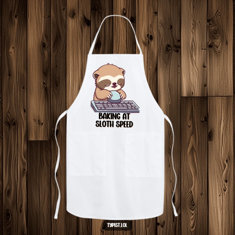 Funny sloth apron, sleepy sloth slowly pressing a single large keyboard button in the kitchen.