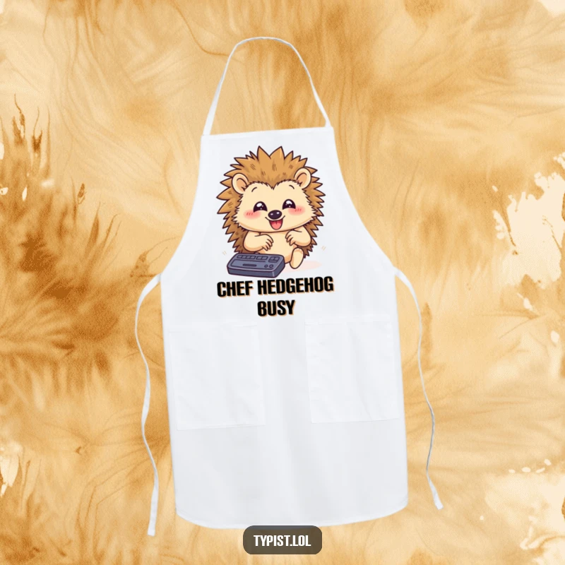 Funny apron depicting a happy hedgehog typing rapidly with paws flying, perfect for adding humor and a productive vibe to kitchen tasks.