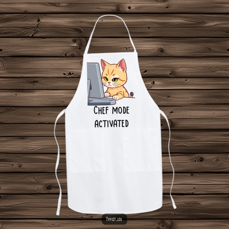 Funny apron showing a cat with a singular, intense stare aimed at a computer screen, a humorous kitchen accessory.