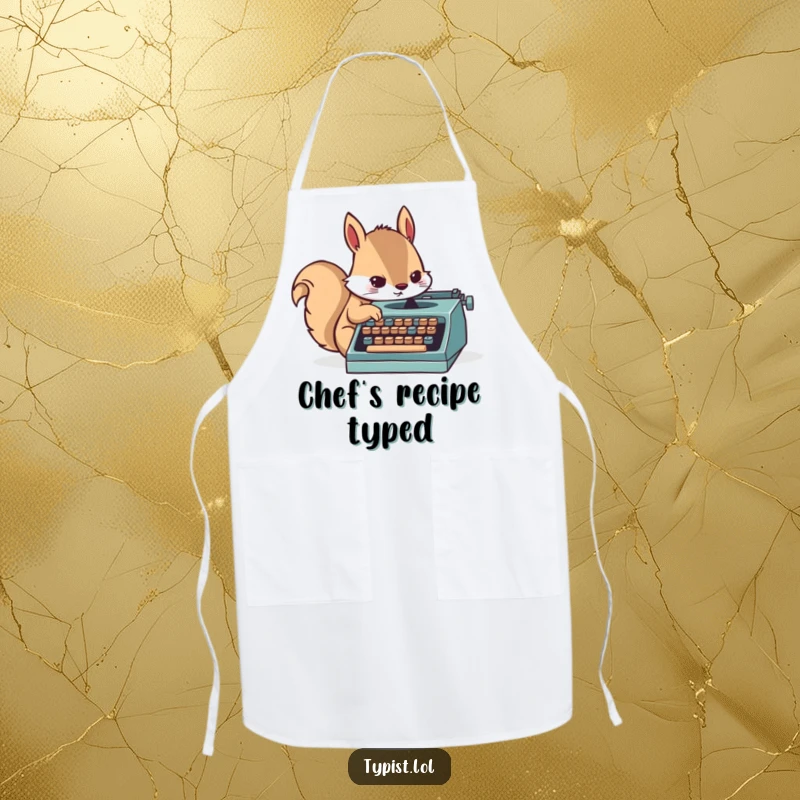 Funny apron with a determined squirrel character furiously typing on a tiny typewriter, adding kitchen humor.