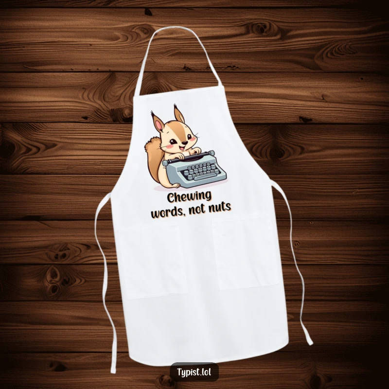 Funny Squirrel Typewriter Apron: A squirrel pecks rapidly at a tiny typewriter, perfect for kitchen fun. Humorous cooking accessory.