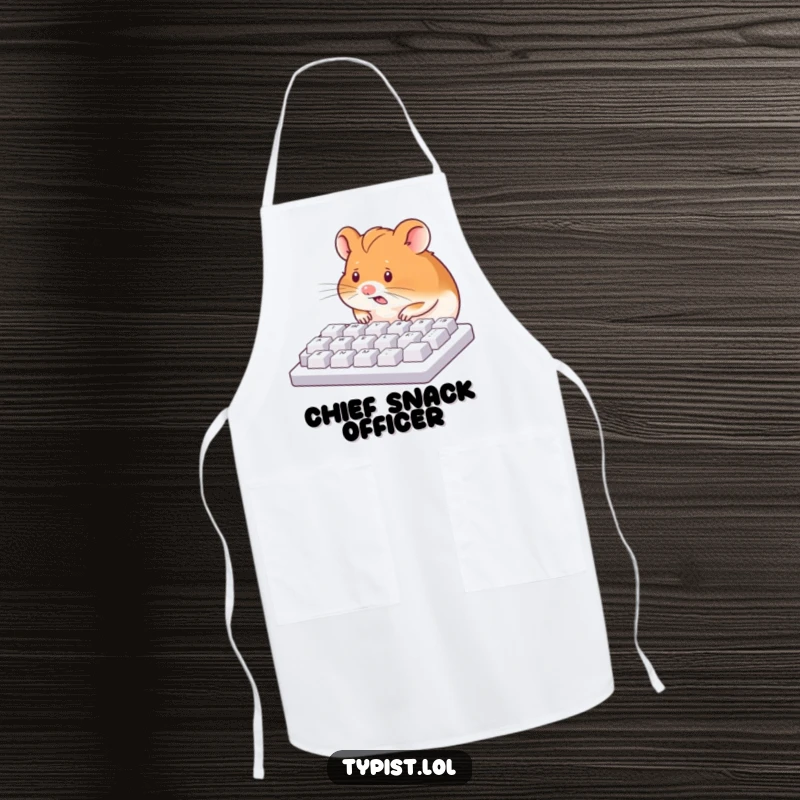 Funny apron showing a hamster using its nose to type on a keyboard, a humorous take on kitchen multitasking.