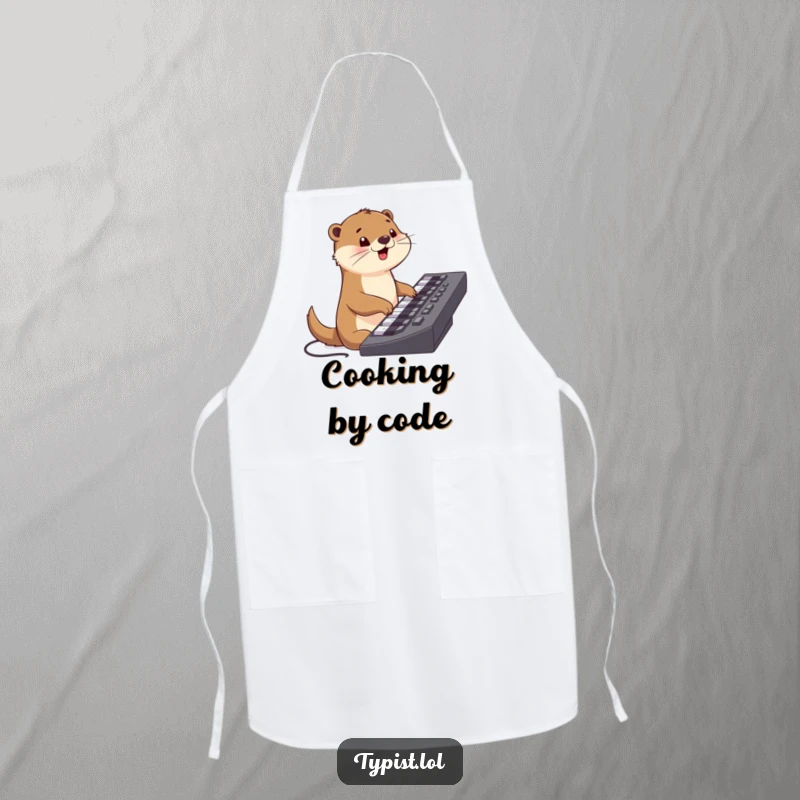 Funny apron with a happy otter character typing on a keyboard, perfect for kitchen tasks and adding a humorous touch.