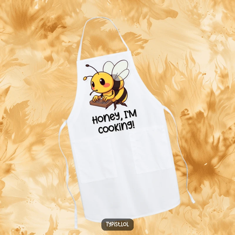 Funny bee apron showing a busy bee typing rapidly on a keyboard with its tiny stinger, working hard.