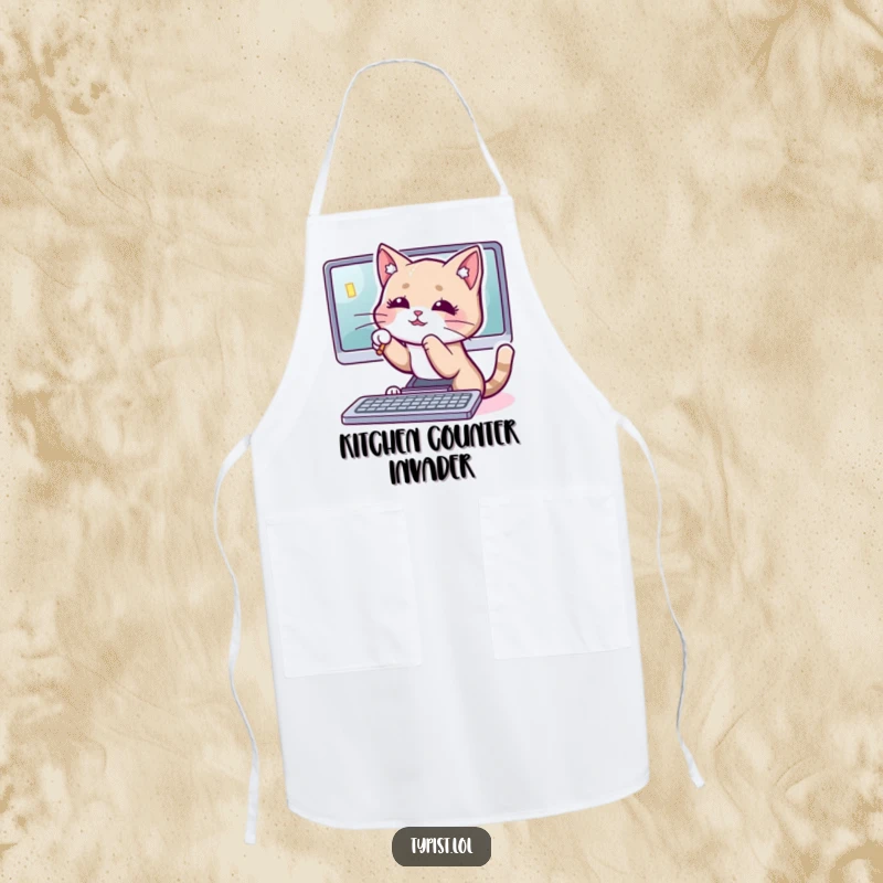 Funny cat apron depicting a playful cat batting at a computer cursor, great for keeping clothes clean with humor.