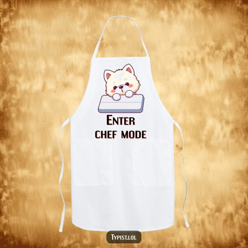 Funny dog apron, a fluffy dog accidentally hitting a giant enter key while cooking, showing digital chaos.
