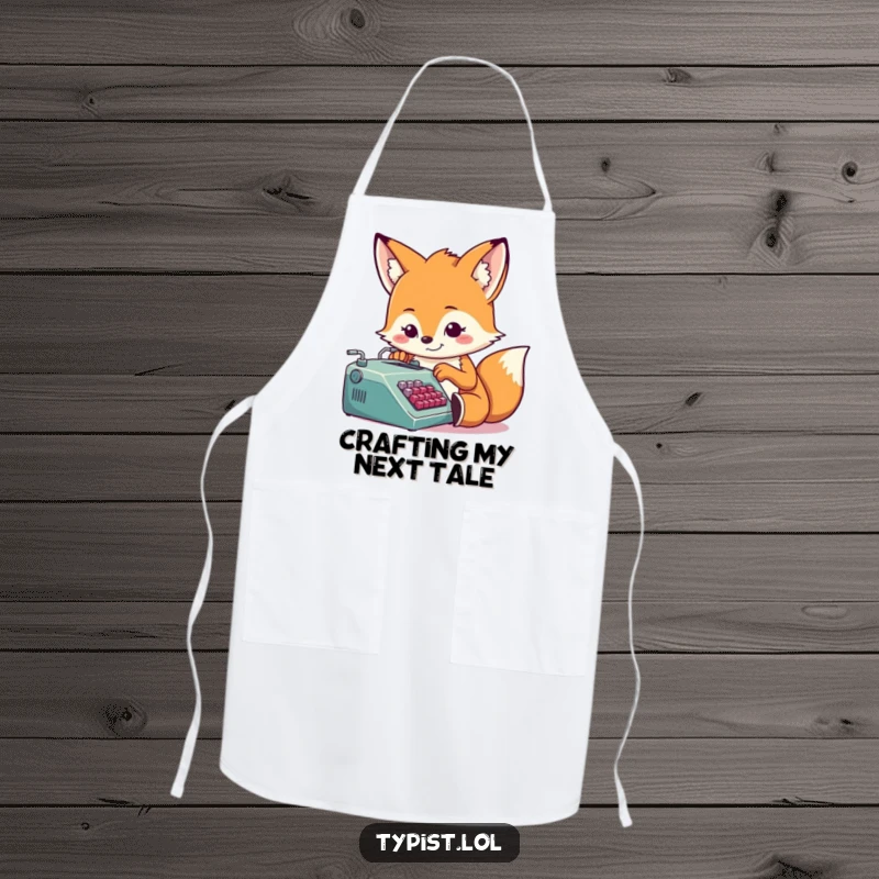Funny fox wearing glasses, determined grin, typing on a tiny typewriter, kitchen apron, humorous cooking accessory.