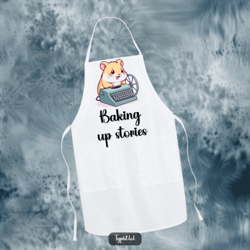 Funny Hamster Apron: A determined hamster spins its wheel connected to a typewriter, inspiring creativity and humor in the kitchen.