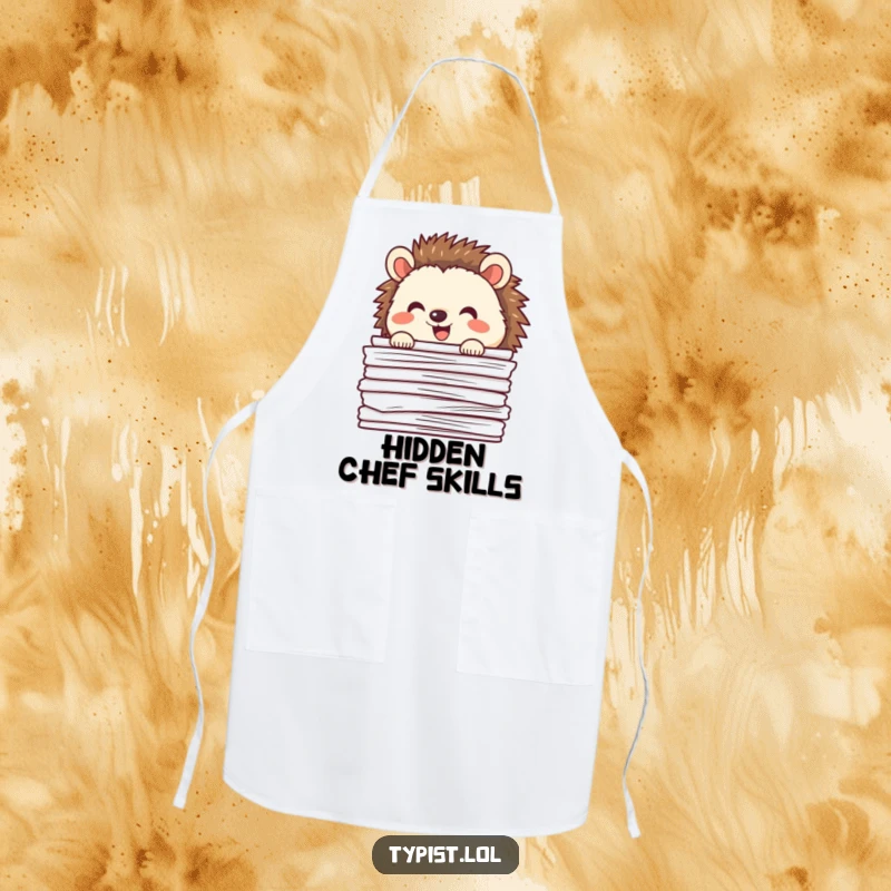 Funny happy hedgehog peeking out from behind papers, humorous kitchen apron, cute cooking accessory.