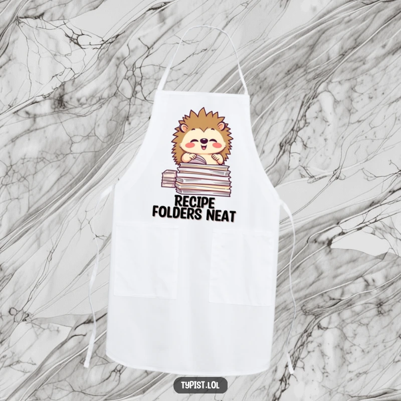 Funny apron with a happy hedgehog character meticulously organizing stacks of paper, adding kitchen humor.