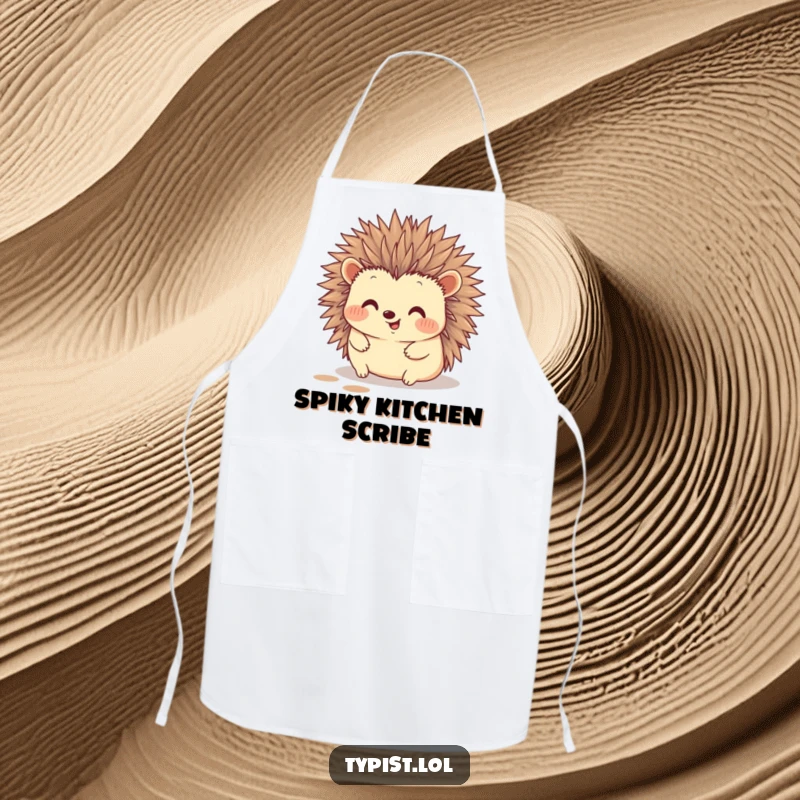 Funny hedgehog apron showing a happy hedgehog typing with its quills, ready to cook with artistic humor.