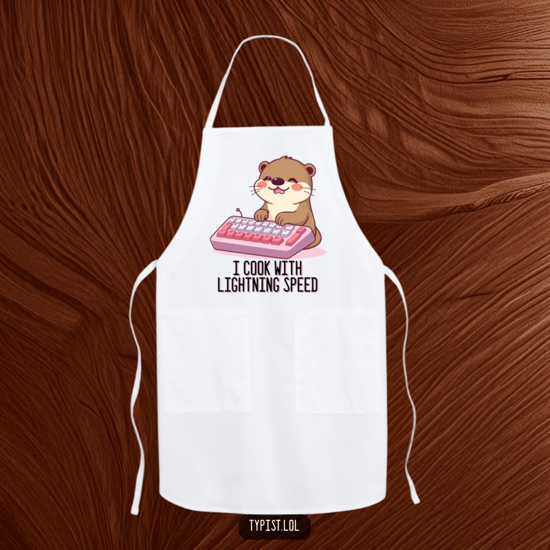 Funny Kawaii Otter Apron: A smiling otter types with dedication on a huge keyboard, perfect for kitchen fun. Humorous cooking accessory.