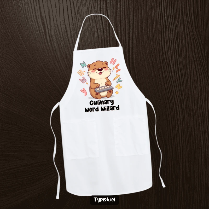 Funny otter apron depicting a speedy otter typing with letters swirling, great for keeping clothes clean with humor.