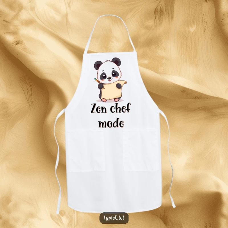 Funny Panda Quill Apron: A giggling panda scribbles with a quill on a scroll, perfect for kitchen fun. Humorous cooking accessory.