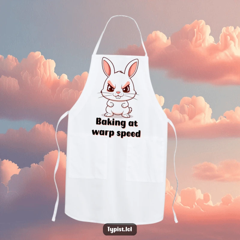 Funny apron with a determined rabbit furiously typing, perfect for kitchen tasks and channeling humorous drive.