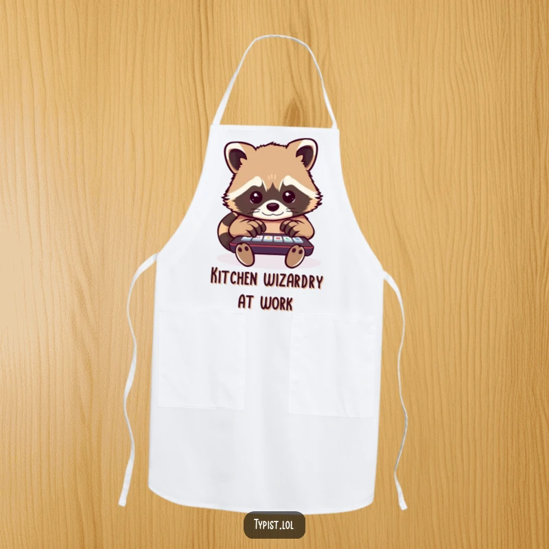 Funny raccoon apron with a busy raccoon typing with many paws, perfect for cooks who embrace multitasking and humor.