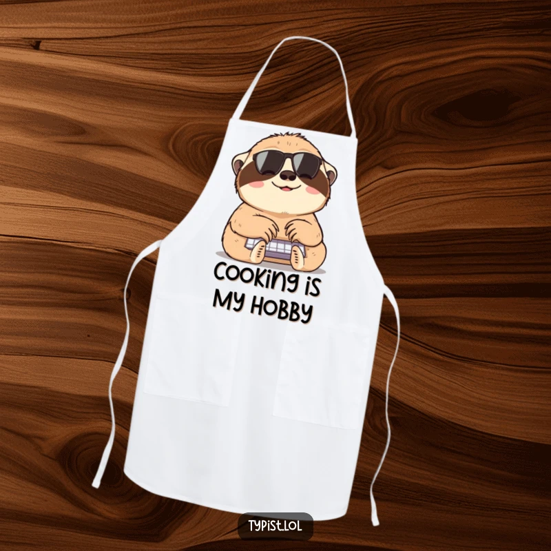 Funny sloth apron with a cheerful sloth typing slowly, designed for cooks who enjoy the process with a humorous twist.