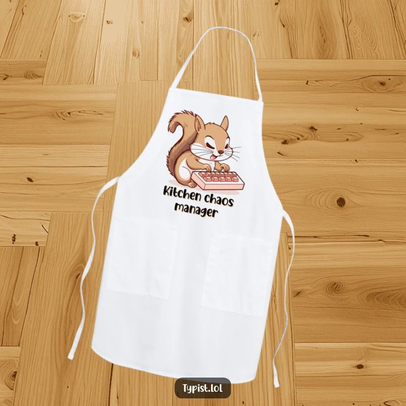 Funny squirrel apron depicting a squirrel frantically typing on a miniature keyboard, perfect for kitchen tasks and humorous attire.