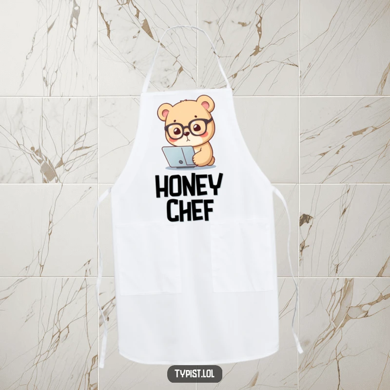 Funny apron displaying a small bear wearing reading glasses, intently focusing on a screen, ideal for cooks who appreciate smart humor.