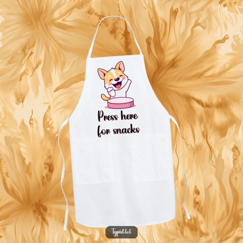 Funny apron featuring a bouncing dog eagerly pressing a big button, designed for kitchen fun and adding humor to cooking.