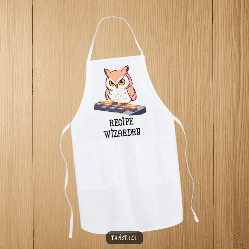 Funny Apron with a determined owl pecking at illuminated keyboard keys, perfect for adding humor and focus to kitchen activities.