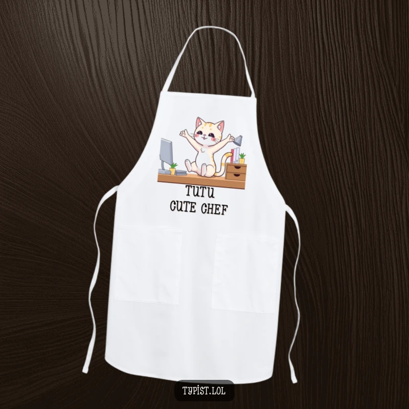 Funny ballet cat apron depicting a cat performing ballet poses at a desk, ideal for kitchen fun and humor.