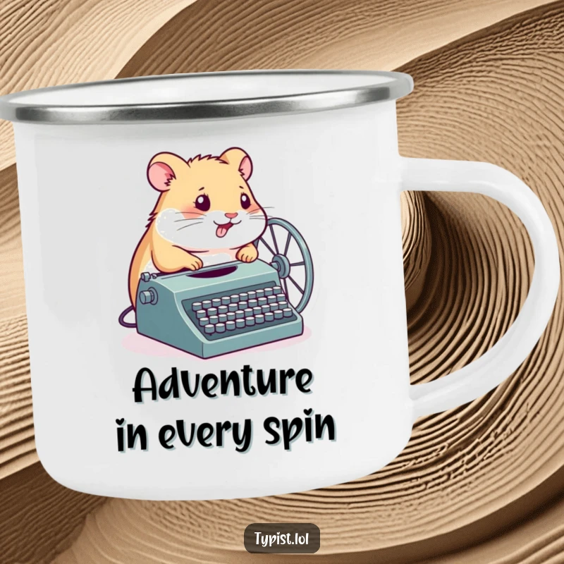 Funny Hamster Camping Mug: A determined hamster spins its wheel connected to a typewriter, bringing motivational humor to outdoor adventures.