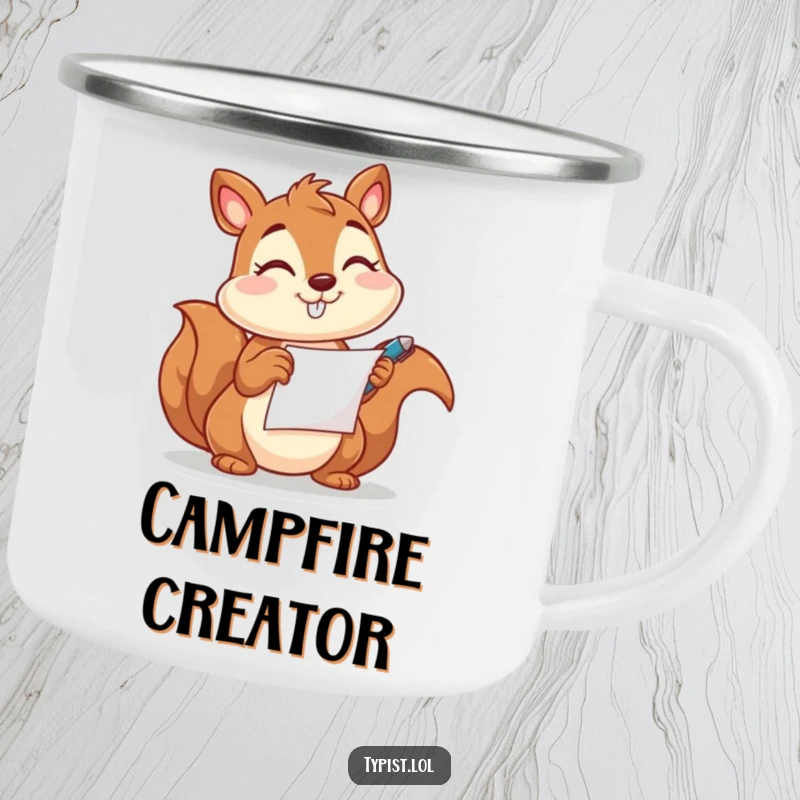 Funny camping mug with a happy squirrel holding a pen and paper and winking, ideal for outdoor note-taking and fun.