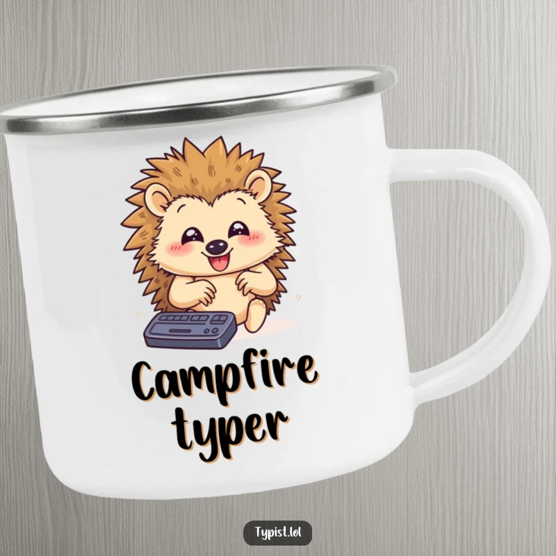 Funny camping mug showing a happy hedgehog typing rapidly with paws flying, designed for productive individuals who enjoy humor outdoors.