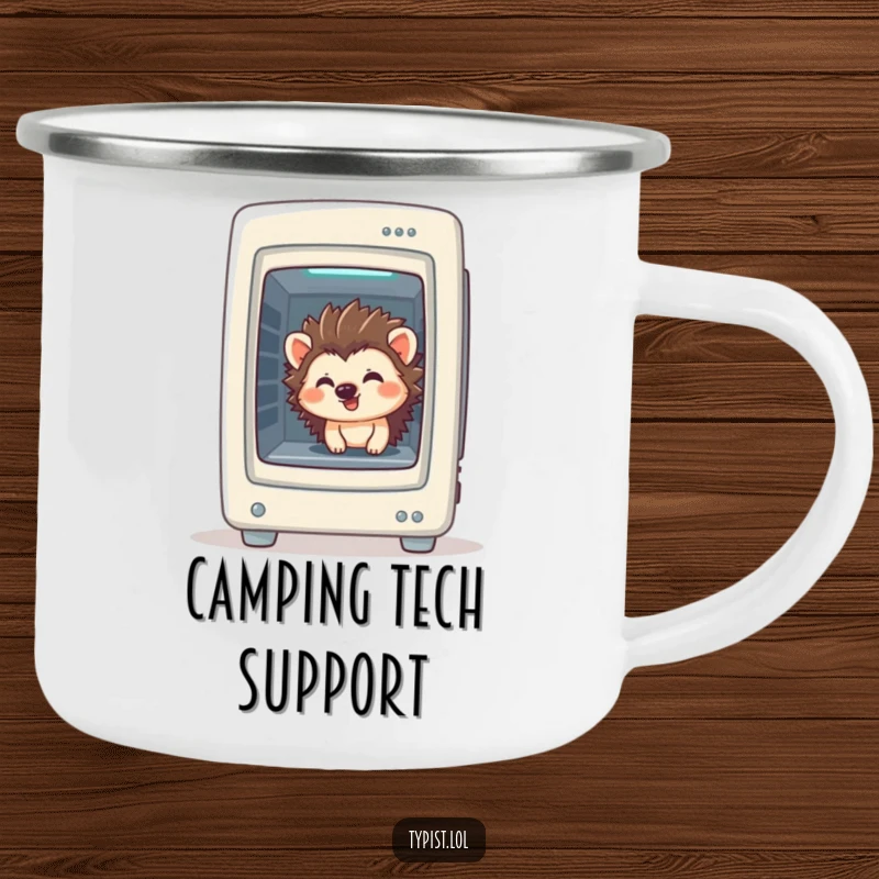 Funny Hedgehog Camping Mug: A giggling hedgehog peeks from a computer tower, rugged and humorous, great funny gift.