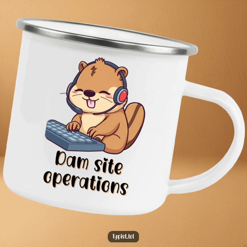 Funny camping mug with a busy beaver wearing a headset and typing, perfect for enjoying beverages during outdoor work sessions.