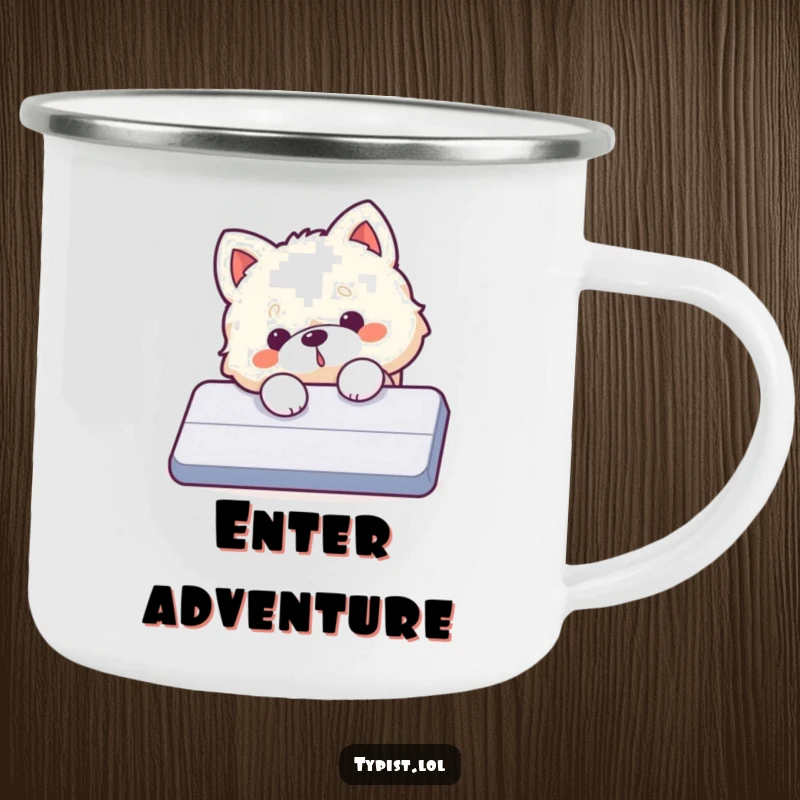 Funny dog camping mug, a fluffy dog accidentally presses a giant enter key during a camping trip.