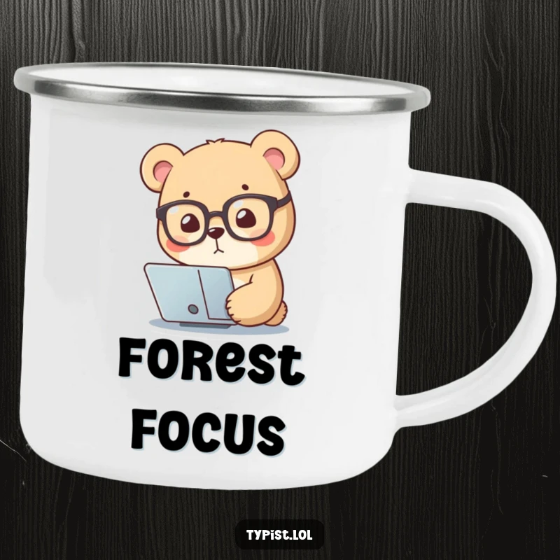 Funny camping mug featuring a small bear wearing reading glasses, intently focusing on a screen, ideal for enjoying drinks in nature.