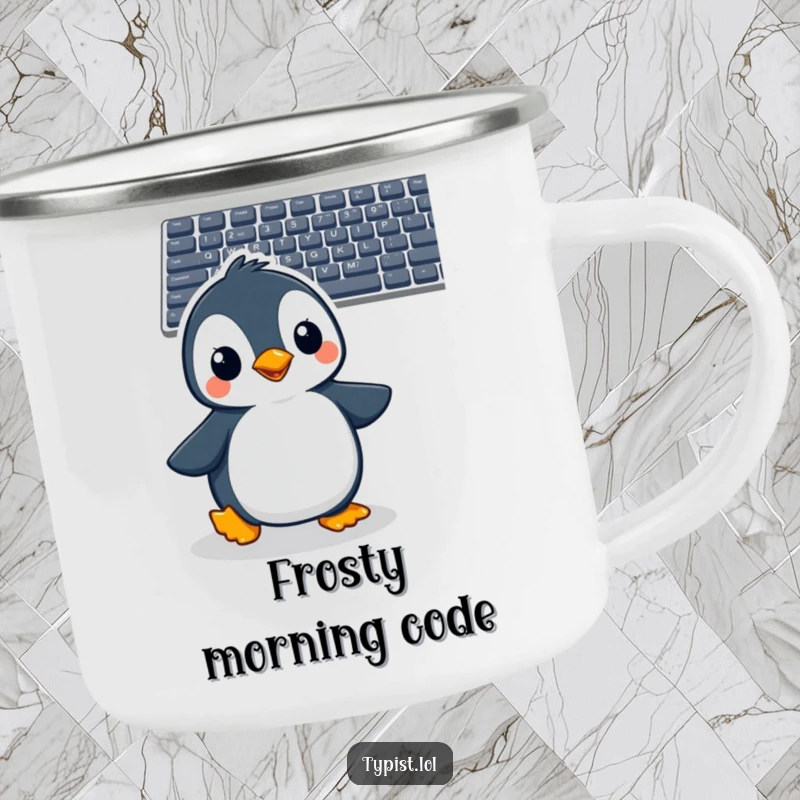Funny penguin camping mug showing a cheerful penguin waddling towards a computer keyboard, ready to type outdoors.