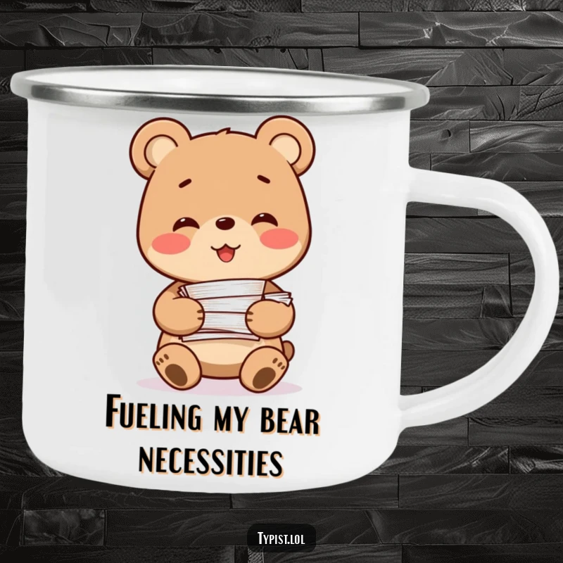 Funny Bear Camping Mug: A smiling bear character holds a stack of papers, perfect for enjoying drinks with a humorous touch outdoors.
