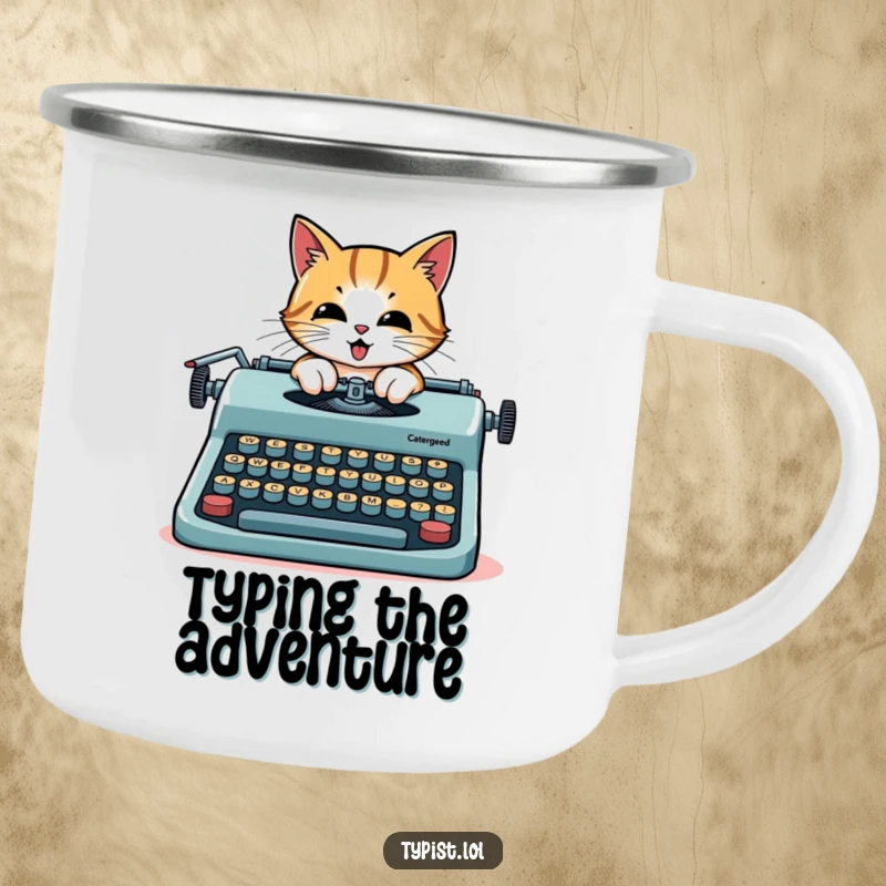 Funny cat camping mug, a determined cat typing on a giant typewriter with oversized keys, ready for outdoor inspiration.