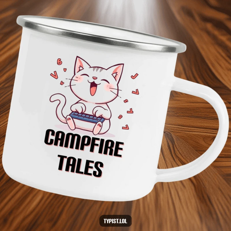 Funny camping mug featuring a delighted cat typing furiously, letters flying, ideal for enjoying drinks in nature.