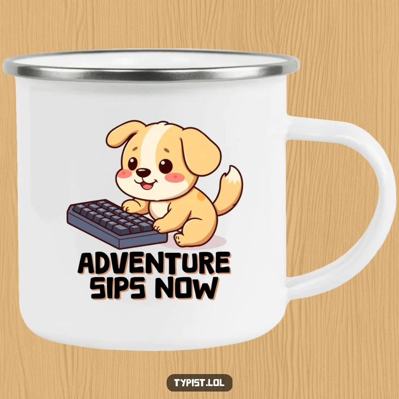Funny Camping Mug with a playful dog pecking at a keyboard, tail wagging, perfect for enjoying drinks outdoors with a humorous canine twist.