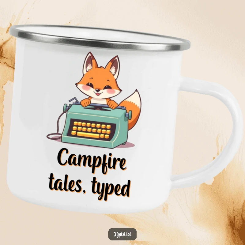 Funny Fox Typist Camping Mug: A proud fox types fast on a vintage typewriter, rugged and humorous, ideal funny gift for outdoorsy writers.