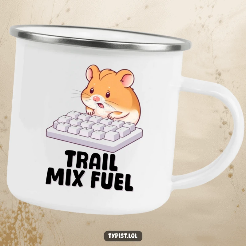 Funny camping mug featuring a hamster using its nose to type on a keyboard, perfect for outdoor work or play.