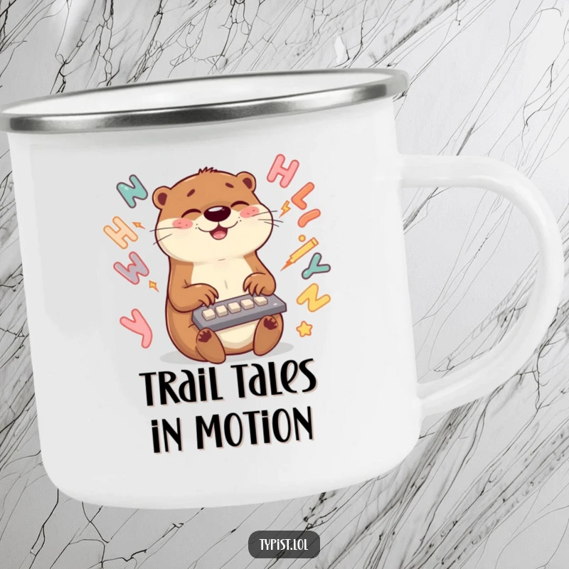 Funny otter camping mug showing a speedy otter typing with swirling letters, perfect for outdoor lovers who enjoy humor.