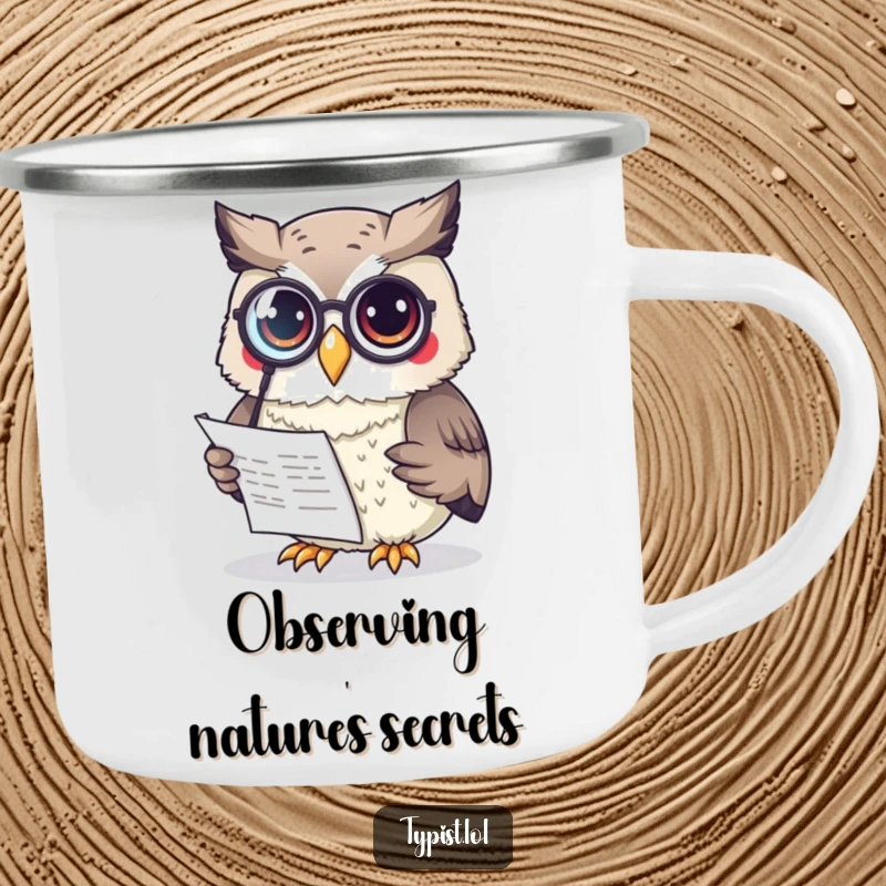 Funny Owl Camping Mug: A curious owl wearing a monocle reads a document, bringing smart humor to outdoor adventures.