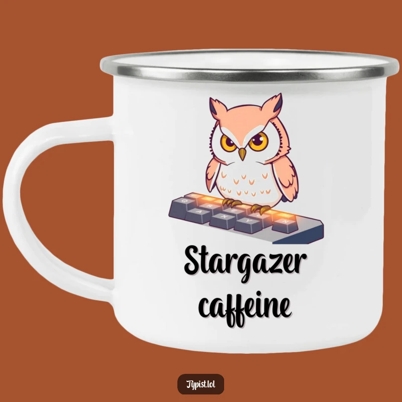 Funny Owl Typing Camping Mug: Rugged Bird's Keyboard Adventure, Great Funny Gift