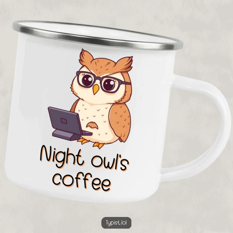 Funny camping mug showing a proud owl wearing spectacles, typing with dignified concentration, perfect for thoughtful campers.
