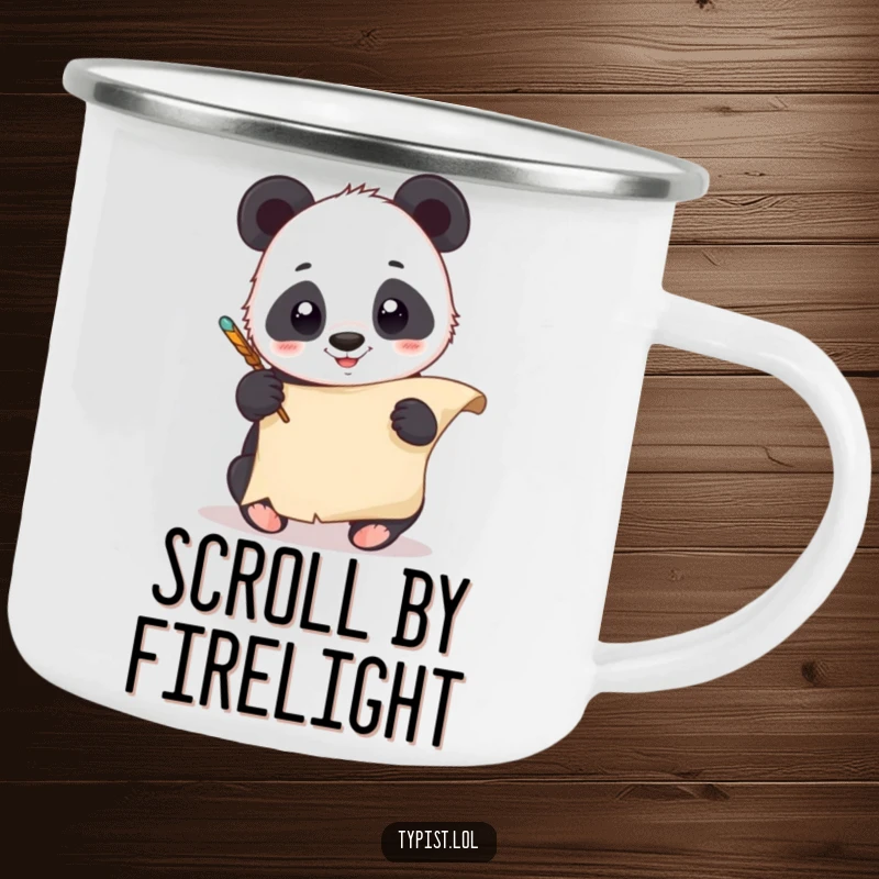 Funny Panda Quill Camping Mug: A giggling panda scribbles with a quill outdoors. Durable and humorous drinkware.