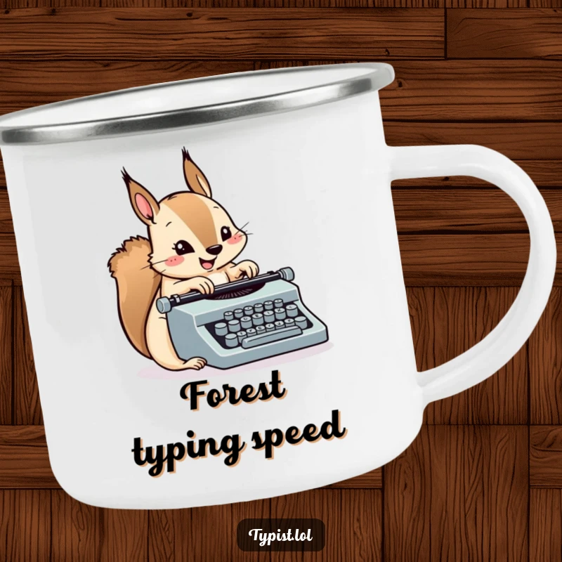 Funny Squirrel Typewriter Camping Mug: A squirrel pecks fast at a tiny typewriter outdoors. Durable and humorous drinkware.