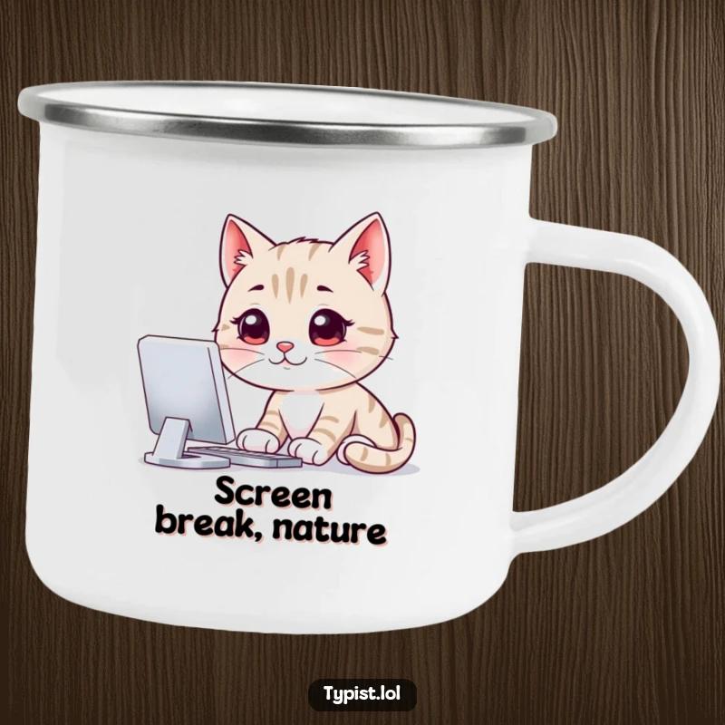 Funny camping mug showing a smiling cat staring intently at a computer screen, designed for tech enthusiasts who enjoy humor outdoors.