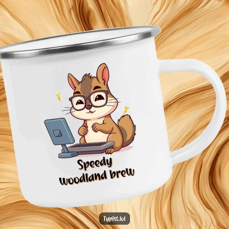 Funny squirrel with spectacles typing fast, illustrated on a rugged camping mug for outdoor use.