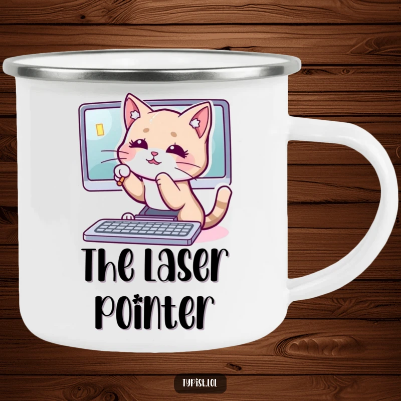 Funny cat camping mug showing a playful cat batting at a computer cursor, perfect for outdoor cat lovers who enjoy humor.