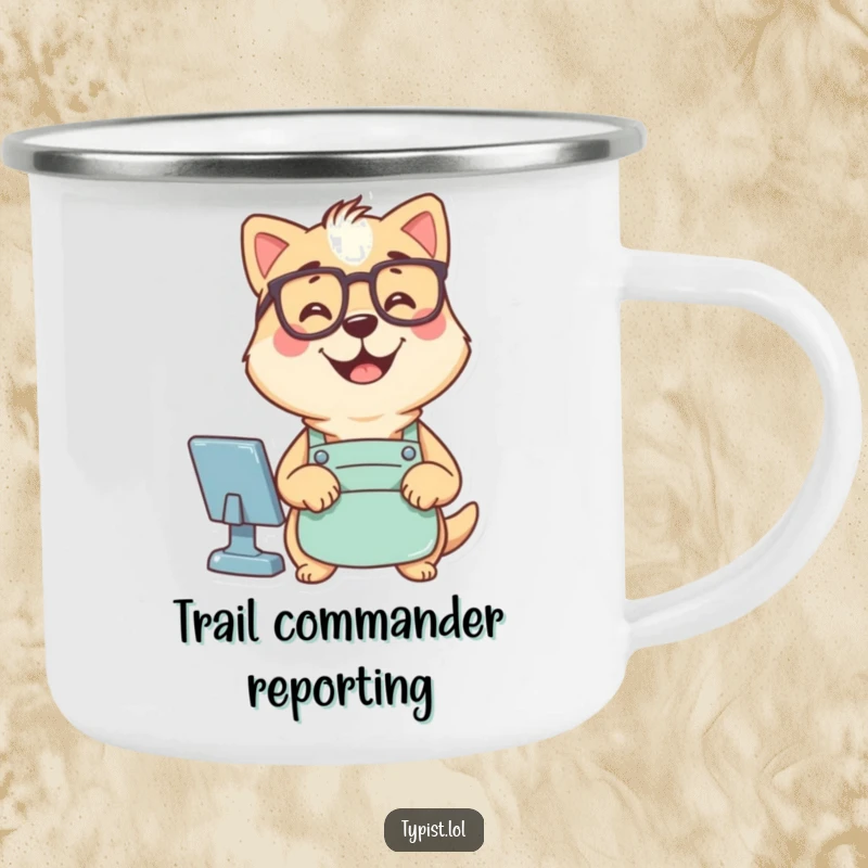Funny camping mug featuring a dog wearing glasses and an apron, typing computer commands, perfect for outdoor work.